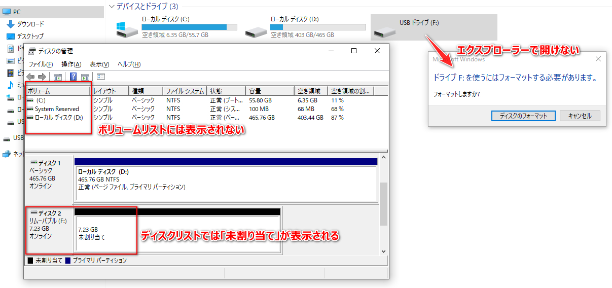 「未割り当て」USBドライブ